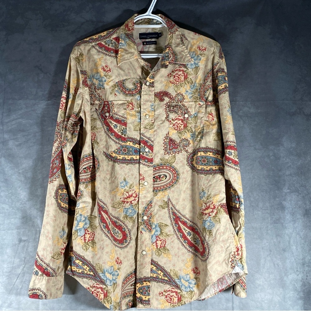 Daniel Cremieux Paris Mens Size M Floral Paisley Button Down Shirt Pearl Snap